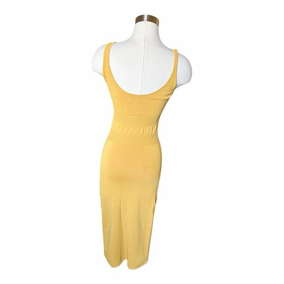 Modern Citizen Ribbed Knit Midi Dress Sz XS Yellow Side Slit Cinch Waist - Picture 3 of 4